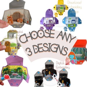 May include: Choose any 3 designs from a selection of colourful felt pouches with embroidered images. The pouches are open to reveal the embroidered images inside. The images include a cat, a dog, a frog, a mermaid, a teddy bear, an astronaut, and a spaceship.