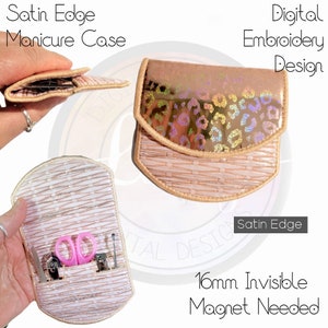 May include: A pink and white manicure case with a satin edge and a leopard print design. The case is closed and has a 16mm invisible magnet. The case is made for holding manicure tools.