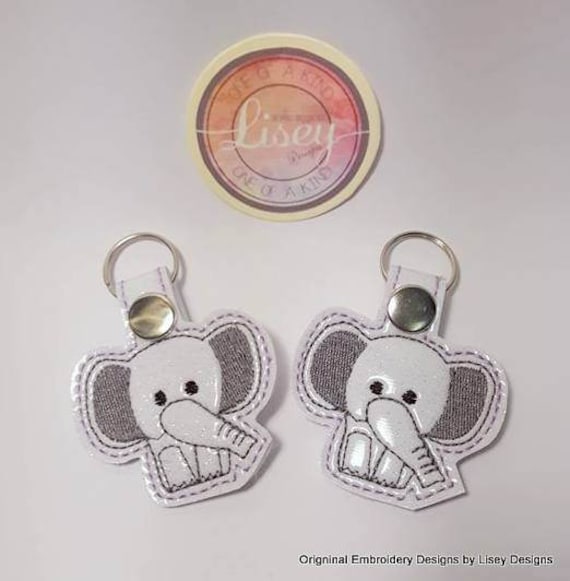 Digital file, 2 Elephant Key Fobs, Elephant Body, Snap Tabs, Kam Snaps, Elephant, In the hoop, Embroidery Design, Lisey Designs