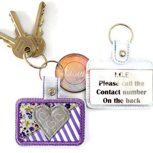 デジタルファイル、パッチワークハート、スクラップフォブ、長方形キーフォブ、丸い角、I.C.E、機械刺繍、Liseyデザイン