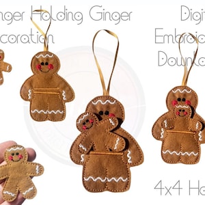 May include: Gingerbread man holding a smaller gingerbread man, both with red buttons and white icing. This is a digital embroidery design for a 4x4 hoop.