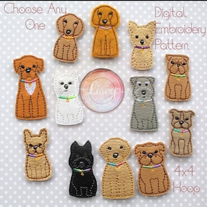Puede incluir: Patrón de bordado digital para 10 razas de perros diferentes. Cada diseño mide aproximadamente 10 cm y es adecuado para un aro de 10x10 cm. Los diseños incluyen un terrier blanco, un terrier marrón y blanco, un terrier negro y blanco, un labrador marrón, un pug marrón, un bulldog marrón y blanco, un bulldog francés marrón y blanco, un caniche marrón, un schnauzer gris y un schnauzer negro.