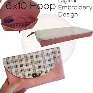 May include: A pink and white 6x10 hoop embroidery design for a wallet or clutch. The design features a plaid pattern and a flap with a metal clasp.