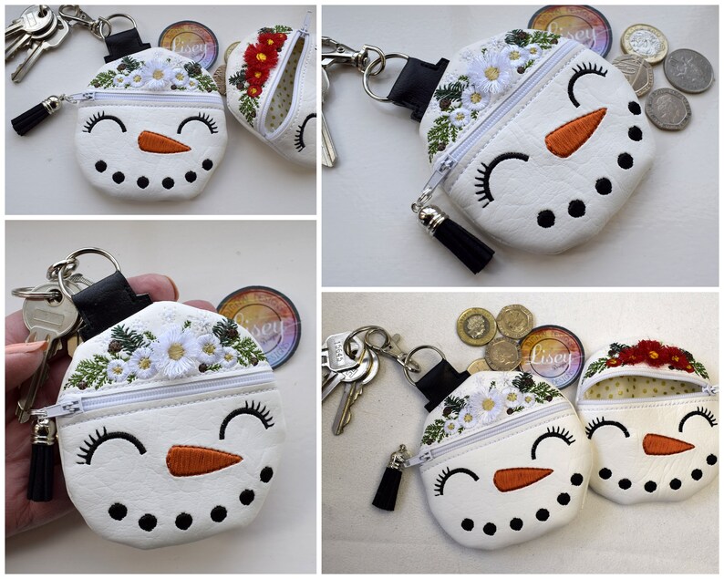 Pu&ograve; includere: Portamonete bianco a forma di pupazzo di neve con cerniera a nappa nera. Il pupazzo di neve ha un naso a carota arancione, occhi e bocca di carbone nero e un cappello a cilindro nero. La borsa &egrave; decorata con fiori bianchi e foglie verdi.