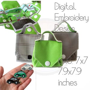 May include: Digital embroidery design for a small purse or bag. The design features a green purse with a white button and a grey purse with a white button. The design is 6.7 x 7 inches and 7.9 x 7.9 inches.