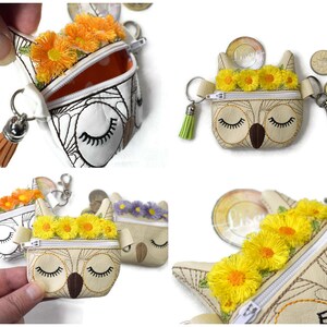 Pu&ograve; includere: Portamonete a forma di gufo in crema, bianco e marrone, con decorazioni floreali e occhi chiusi. Ogni portamonete ha una chiusura a zip, un piccolo nappa e alcuni hanno un portachiavi. Dettagli ricamati.
