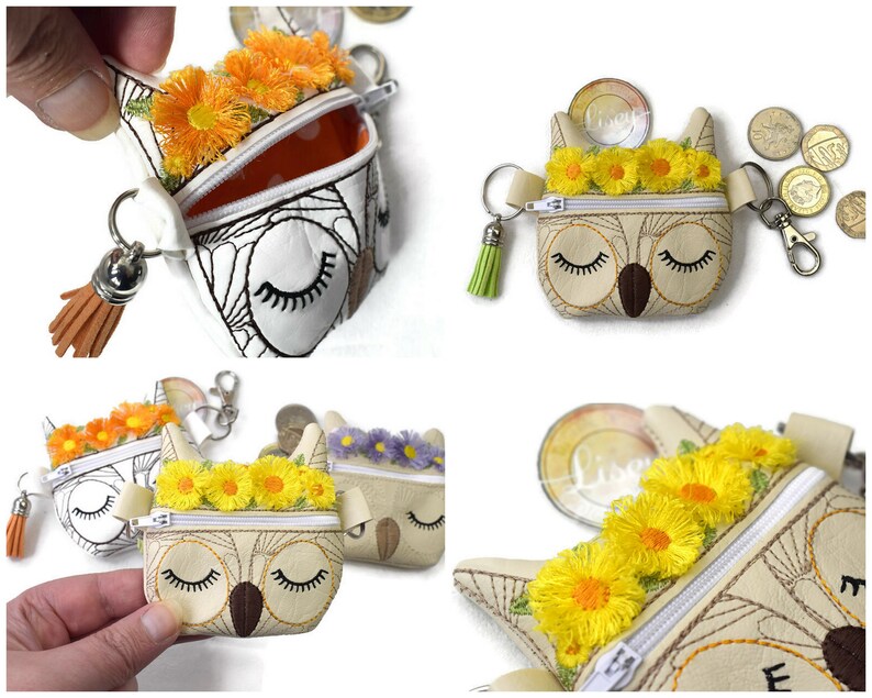 Pu&ograve; includere: Portamonete a forma di gufo in crema, bianco e marrone, con decorazioni floreali e occhi chiusi. Ogni portamonete ha una chiusura a zip, un piccolo nappa e alcuni hanno un portachiavi. Dettagli ricamati.