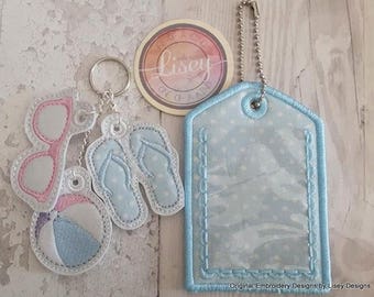 Digital File, Luggage Label, Beach Ball, Sun Glasses, Flip Flop, Embroidered Charm, Zipper, 4x4, ITH, Luggage Tag, Embroidery Design,