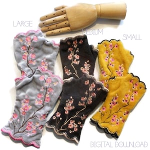 Guantes de muñeca, flor de cerezo, máquina de bordar con descarga digital, sin dedos, todos los tamaños, en el bastidor, ITH, SET