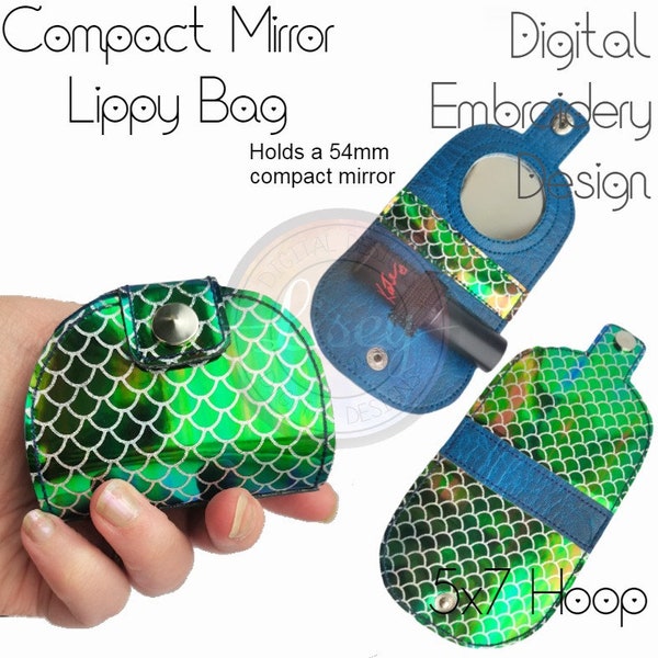 Compact Mirror Lippy Bag, 54mm mirror required,  Digital Embroidery, Instant Download, Digital Pattern, Beginner Friendly, Lisey Designs