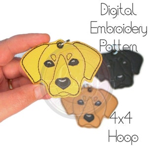 May include: Digital embroidery pattern for a dog's head. The pattern is for a 4x4 hoop and features a yellow Labrador Retriever, a black Labrador Retriever, and a brown Labrador Retriever.