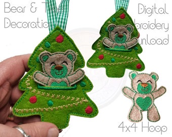 Bear in a Tree, Hanging Decoration, Christmas Design, DIGITAL PATTERN, 4x4 Hoop ITH, Embroidery Machine Design
