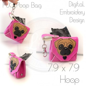 Op de afbeelding: Roze poepzakhouder met een geborduurd ontwerp van een mopshond. De houder heeft een sleutelhanger en is 7,9 inch bij 7,9 inch.