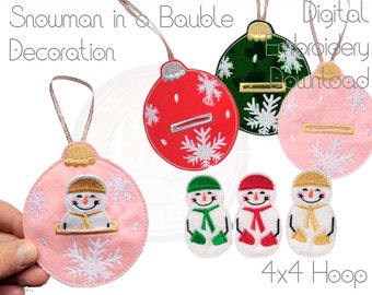 Snowman Bauble, Hanging Decoration, Christmas Design, DIGITAL PATTERN, 4x4 Hoop ITH, Embroidery Machine Design