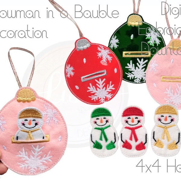 Snowman Bauble, Hanging Decoration, Christmas Design, DIGITAL PATTERN, 4x4 Hoop ITH, Embroidery Machine Design