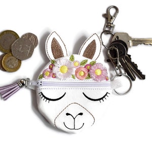 4x4 Llama Zipper Purse, Coin Purse, Zippys, Pocket Money, DIGITAL PATTERN, 3D Fringed Flowers, 4x4 Hoop