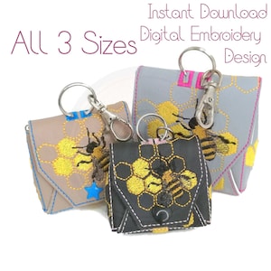 All sizes Honey Bee Bag Key Rings, 3 Sizes, Digital Embroidery Design, In The Hoop, Instant Download, 5x7, 6x10 AND 8x8 hoop