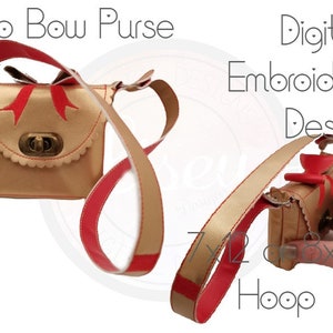Puede incluir: Diseño de bordado digital de un bolso dorado con un lazo rojo y una correa roja y dorada. El diseño es para un aro de 7x12 o 8x12.