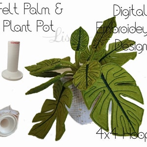 Puede incluir: Diseño de bordado digital de una palmera de fieltro en una maceta blanca. El diseño es para un aro de 4x4.