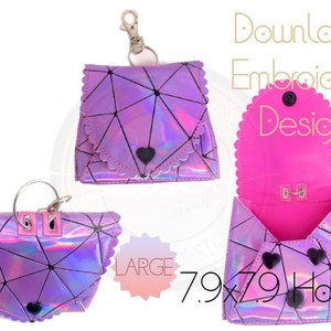 May include: Downloadable embroidery design for a small iridescent purple purse with a geometric pattern and a heart-shaped flap. The design is for a 7.9 inch hoop.