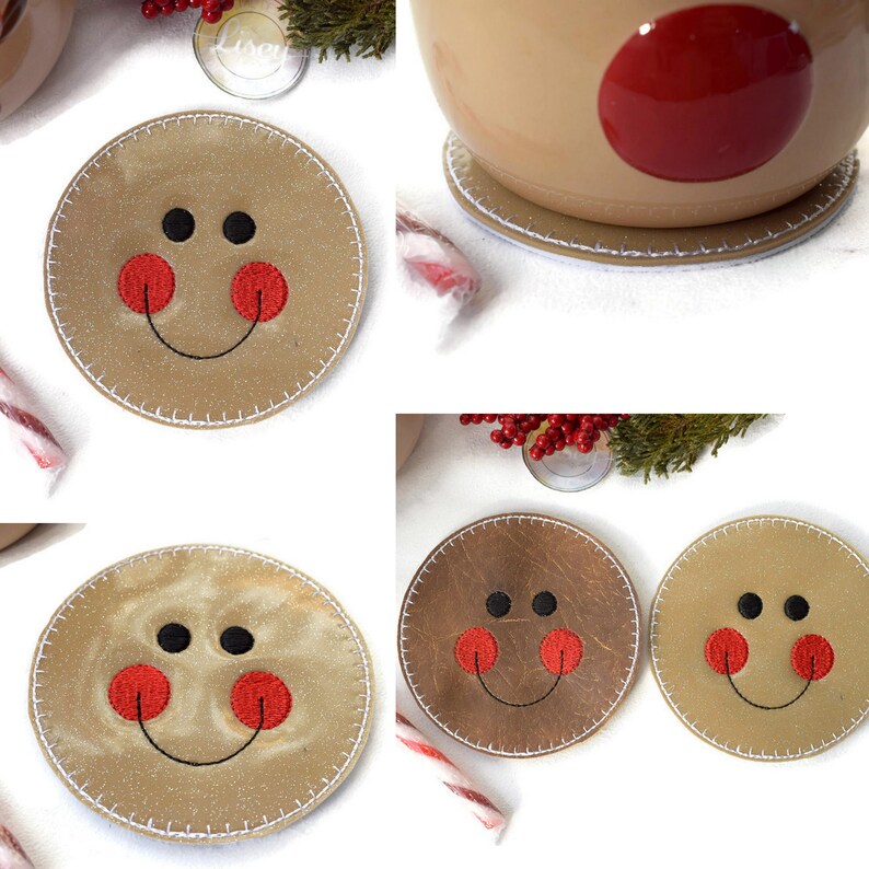 May include: Four brown felt gingerbread man coasters with red and black embroidered details. The coasters are round and have a white stitched border.