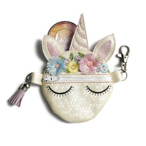 4x4 Unicorn Zipper Purse, Coin Purse, Zippys, Pocket Money, Embroidery Pattern, DIGITAL Machine Embroidery, 3D Fringed Flowers, 4x4 Hoop,
