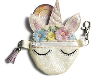 4x4 Unicorn Zipper Purse, Coin Purse, Zippys, Pocket Money, Embroidery Pattern, DIGITAL Machine Embroidery, 3D Fringed Flowers, 4x4 Hoop,