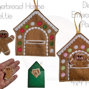 May include: Digital embroidery pattern for a gingerbread house ornament with a gingerbread person inside. The pattern is designed for a 4x4 hoop.
