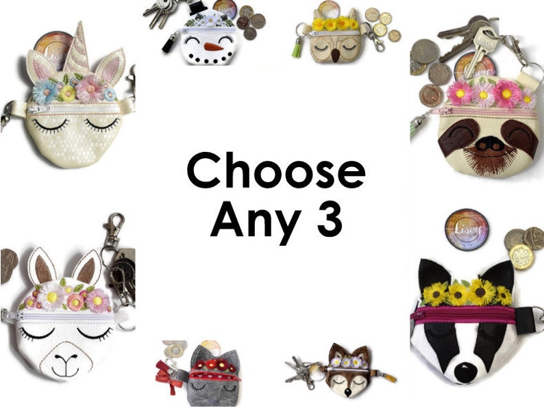 Pu&ograve; includere: Una collezione di portamonete stravaganti, ognuno con un design diverso di animale o personaggio. I portamonete includono un unicorno, un pupazzo di neve, un gufo, un bradipo, un lama, un gatto, una volpe e un tasso, tutti con accenti floreali. Il testo "Choose Any 3" &egrave; visibile.