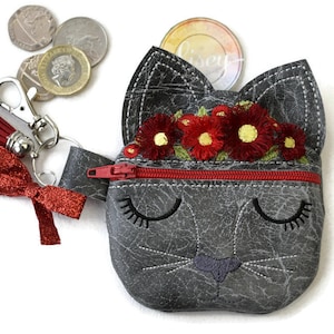 4x4 Cat Zipper Purse, DIGITAL PATTERN, Zippys, 3D Fringed Flowers, 4x4 Hoop, Machine Embroidery
