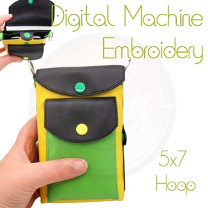 May include: A yellow, green and black leather phone pouch with a flap closure and a strap. The pouch is designed for a 5x7 hoop embroidery machine.