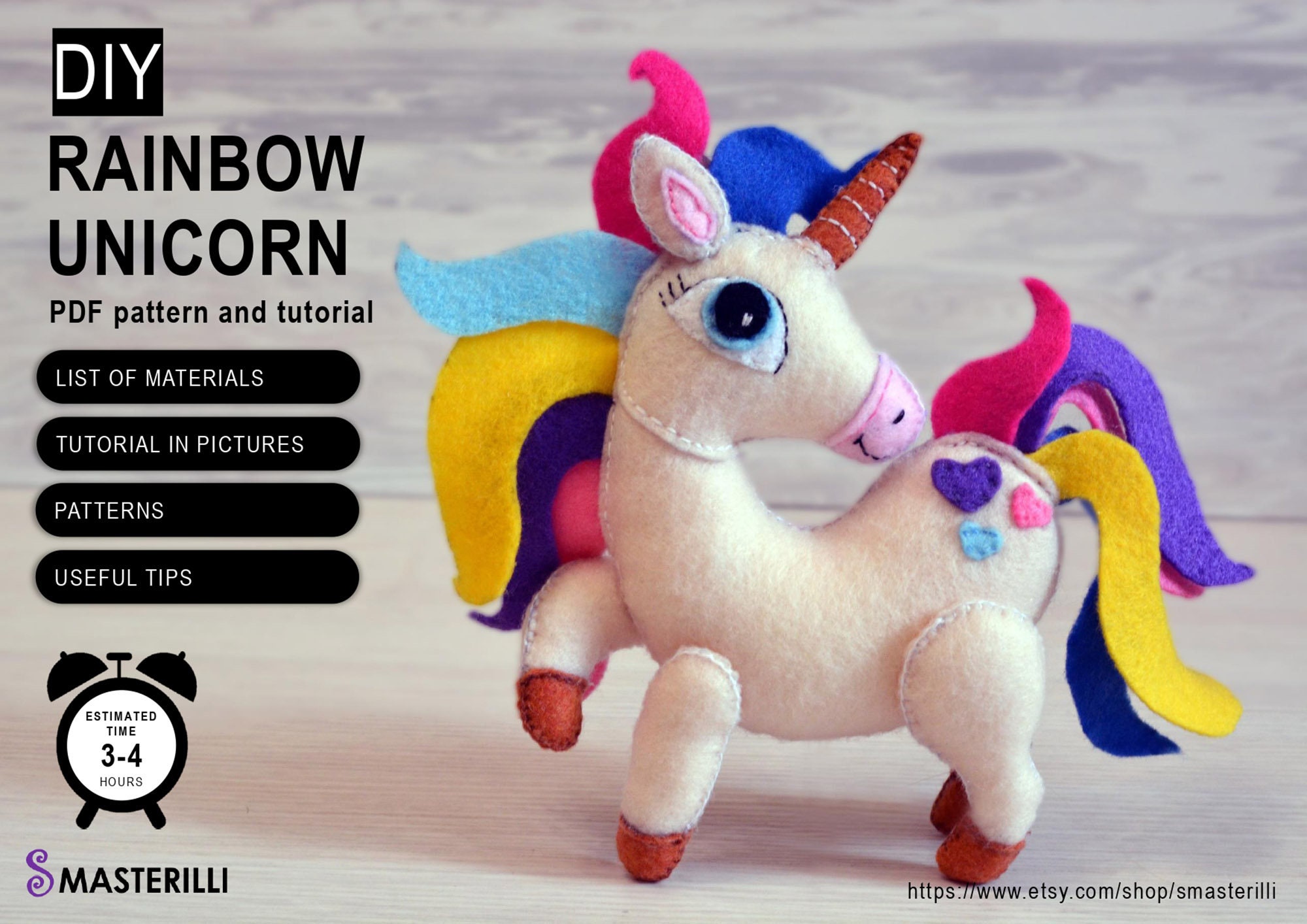 3 DIY unicorn felt sewing pattern and tutorial PDF stuffed | Etsy