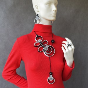 Bohemian spiral black and white necklace, Statement bold necklace, Contemporary necklace, Unusual necklace. Bib necklace or set