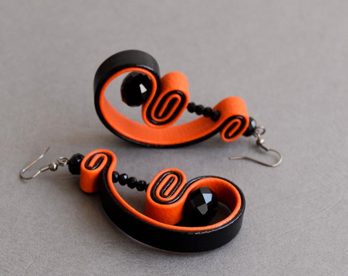 Spiral earrings, Crystal earrings, Orange earrings, Bohemian earrings, Unusual earrings, Contemporary earrings, Modern handmade earrings,