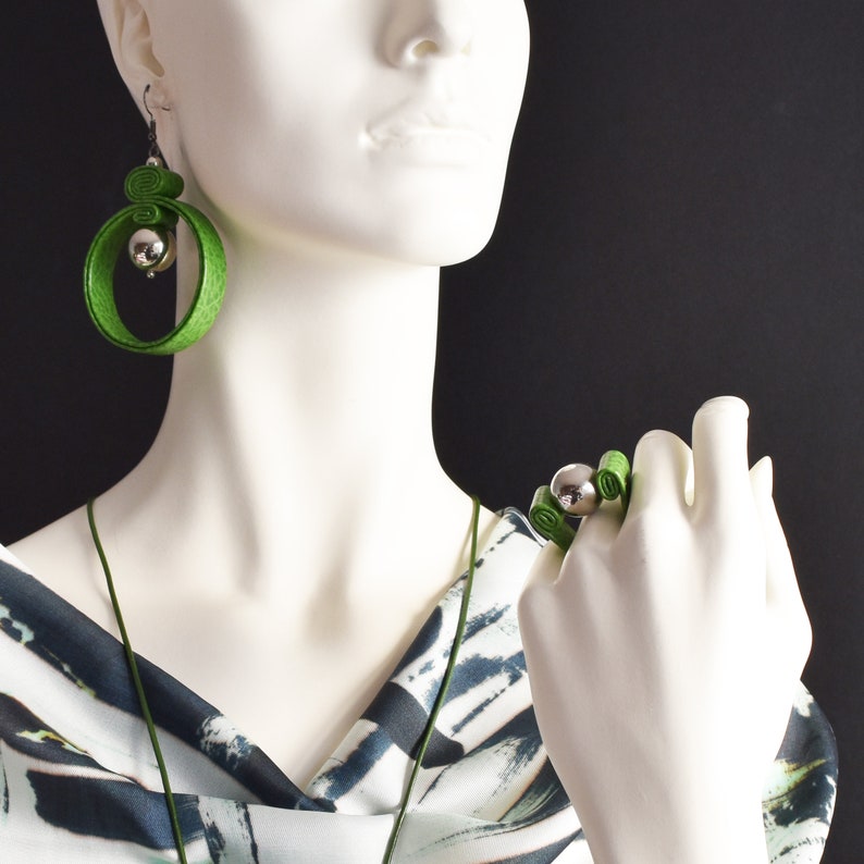 Green and silver leather circle earrings