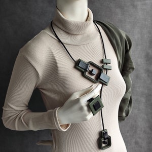 Qubo geometric slider necklace, Contemporary necklace, Artistic adjustable necklace, Black and white necklace, Mix media necklace, Handmade