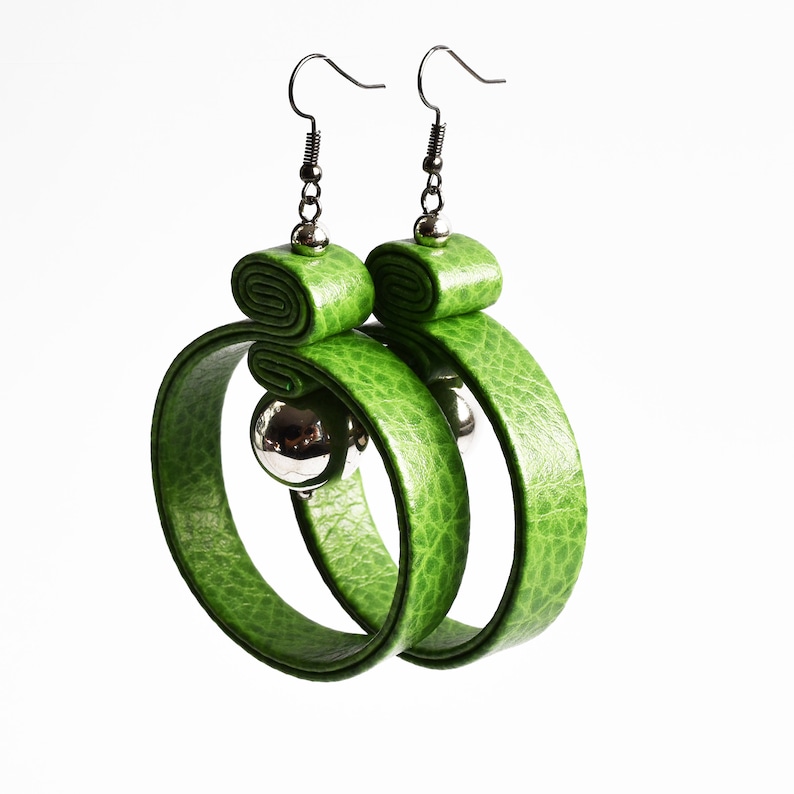 Green and silver leather circle earrings