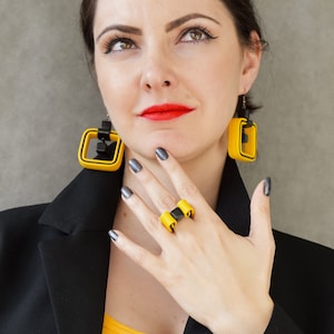 Yellow earrings, Geometric earrings, Handmade earrings, Statement earrings, Drop earrings, Fashion earrings, Contemporary mix earrings,