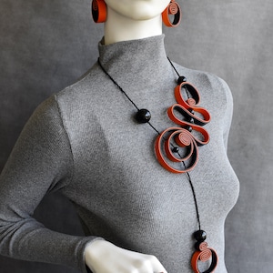 Bohemian spiral black necklace with orange accent, Statement bold necklace, Contemporary necklace, Unusual necklace. Bib necklace or set