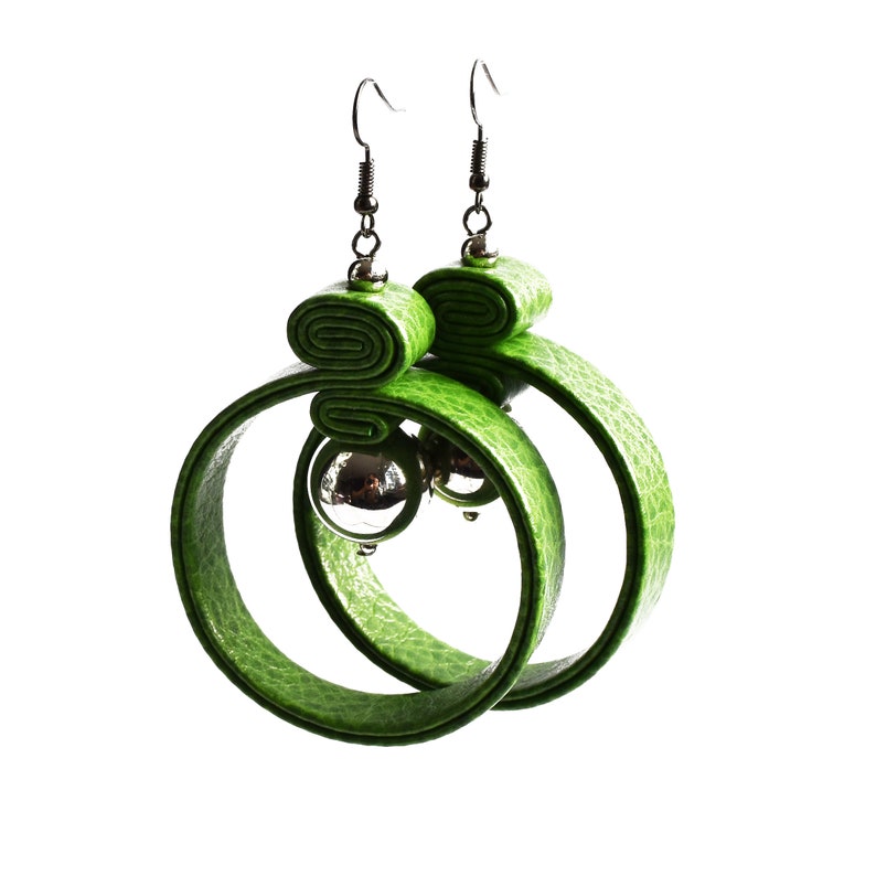 Green and silver leather circle earrings