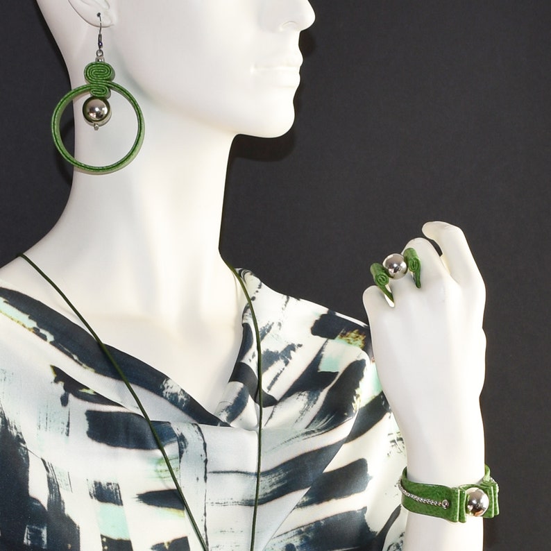 Green and silver leather circle earrings