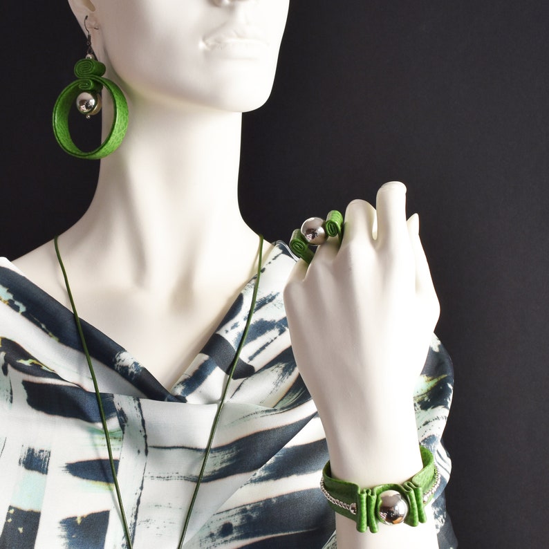 Green and silver leather circle earrings