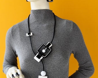 Qubo geometric slider necklace, Contemporary necklace, Artistic adjustable necklace, Black and white necklace, Mix media necklace, Handmade