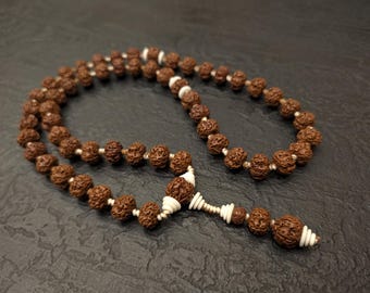 Large Rudraksha Mala Necklace Rosary 54 Prayer Beads Knotted, Natural vintage Nepalese  Shiva seed