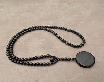 Black obsidian mirror pendant and necklace mala rosary 108 prayer beads, natural genuine black obsidian necklace and pendant, protection