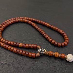 Old vintage yak bone mala necklace rosary 108 prayer beads, natural Tibetan aged orange yak bone, silver Kali Shaman skull pendant