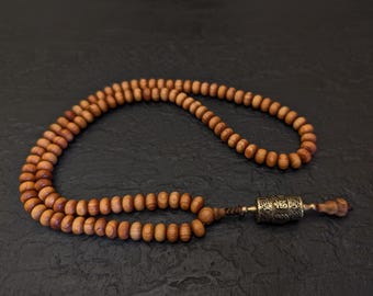 Tibetan Juniper Mala Necklace: 108 Prayer Beads Om Mani Padme Hum Prayer Wheel Pendant
