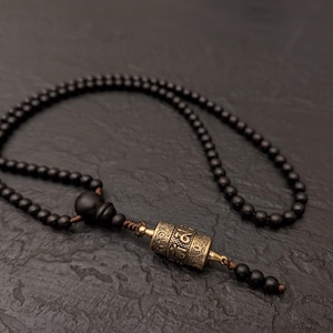 Black Ebony Wood Mala Necklace 108 Beads Tibetan Rotating Prayer Wheel Pendant Om Mani