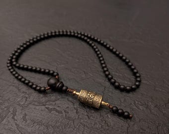 Black Ebony Wood Mala Necklace 108 Beads Tibetan Rotating Prayer Wheel Pendant Om Mani