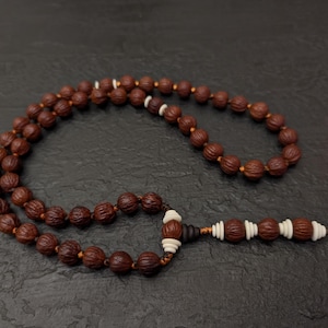 Bodhi Walnut Mala Necklace 54 Prayer Beads, Natural Monkey Head Seed Knotted